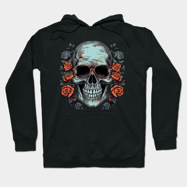 Cool Hipster Skull with Glasses and Roses Hoodie by Unelmoija